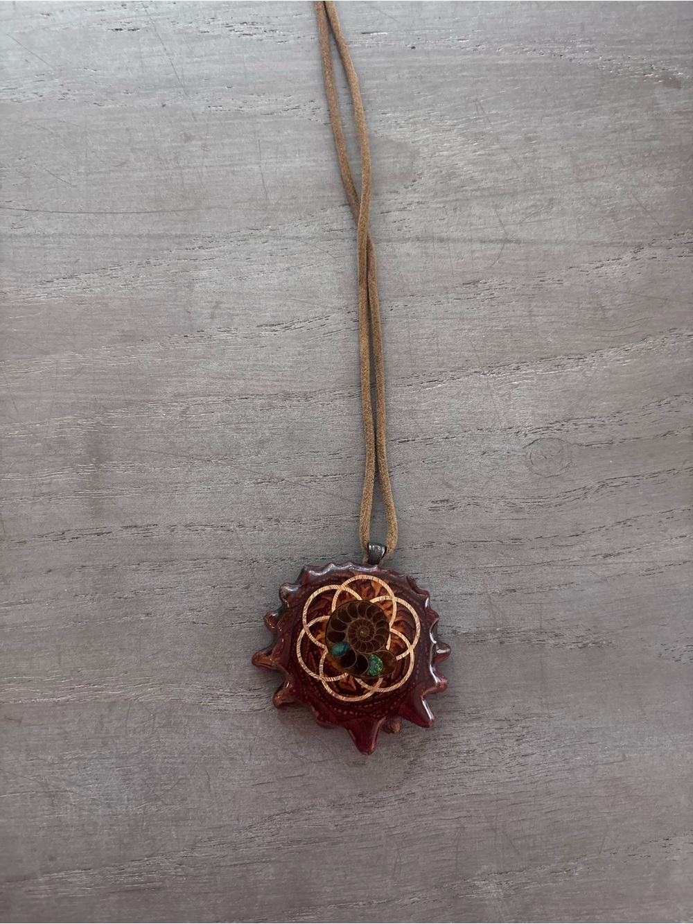 Handmade Thirdeye Pinecone Pendant Necklace with ammonite with opal inlay